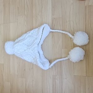 Girls white knit pom beanie with Fleece lining and pom tails
